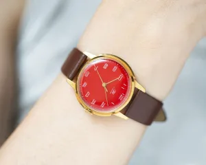 Oversized women watch red Dawn, gold plated case tomboy wristwatch rare gift, minimalist lady watch vintage unique, new luxury leather strap