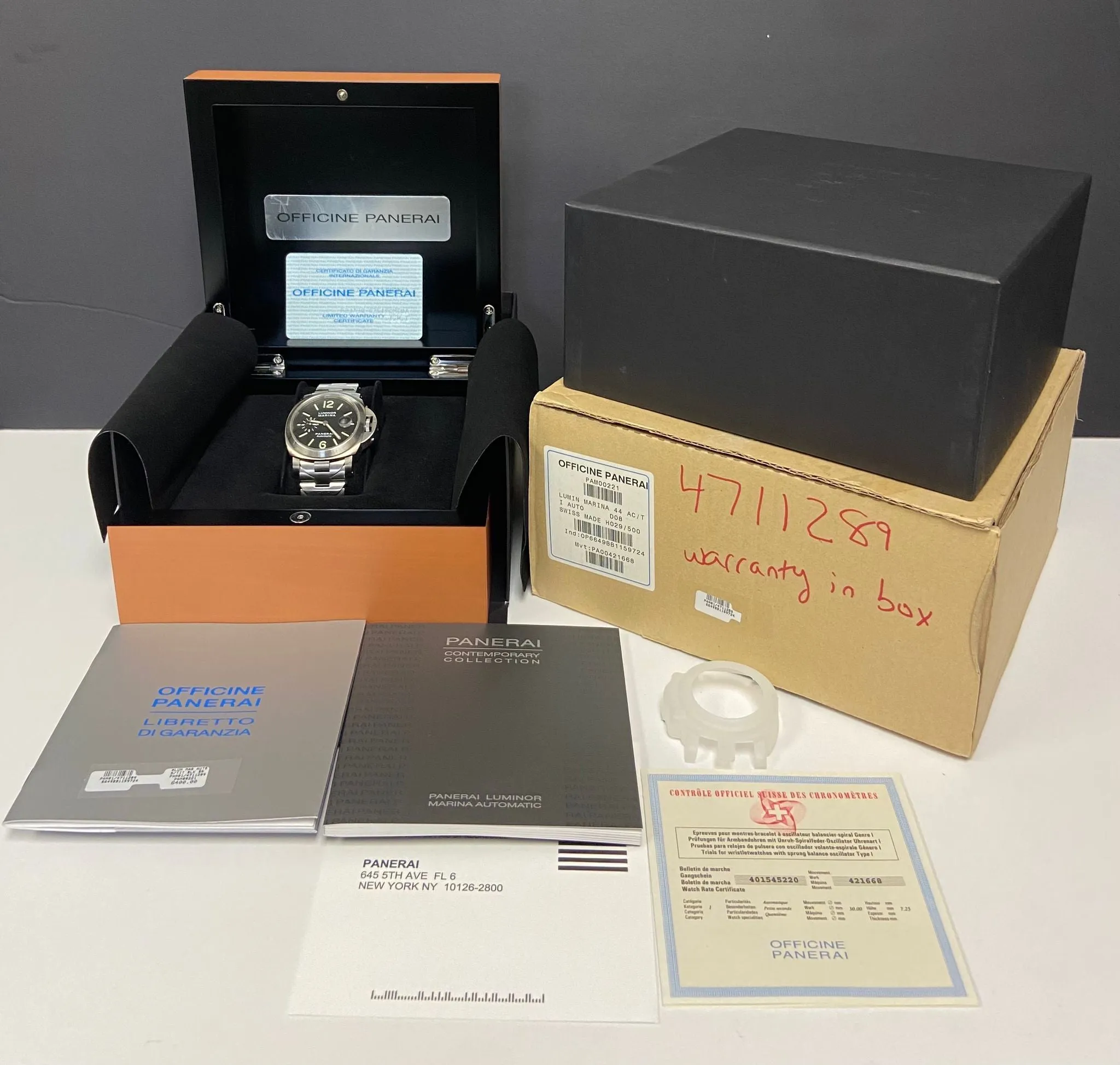 Panerai Luminor Marina Titanium 44mm B&P PAM00221 Black Dial Automatic Men's Watch