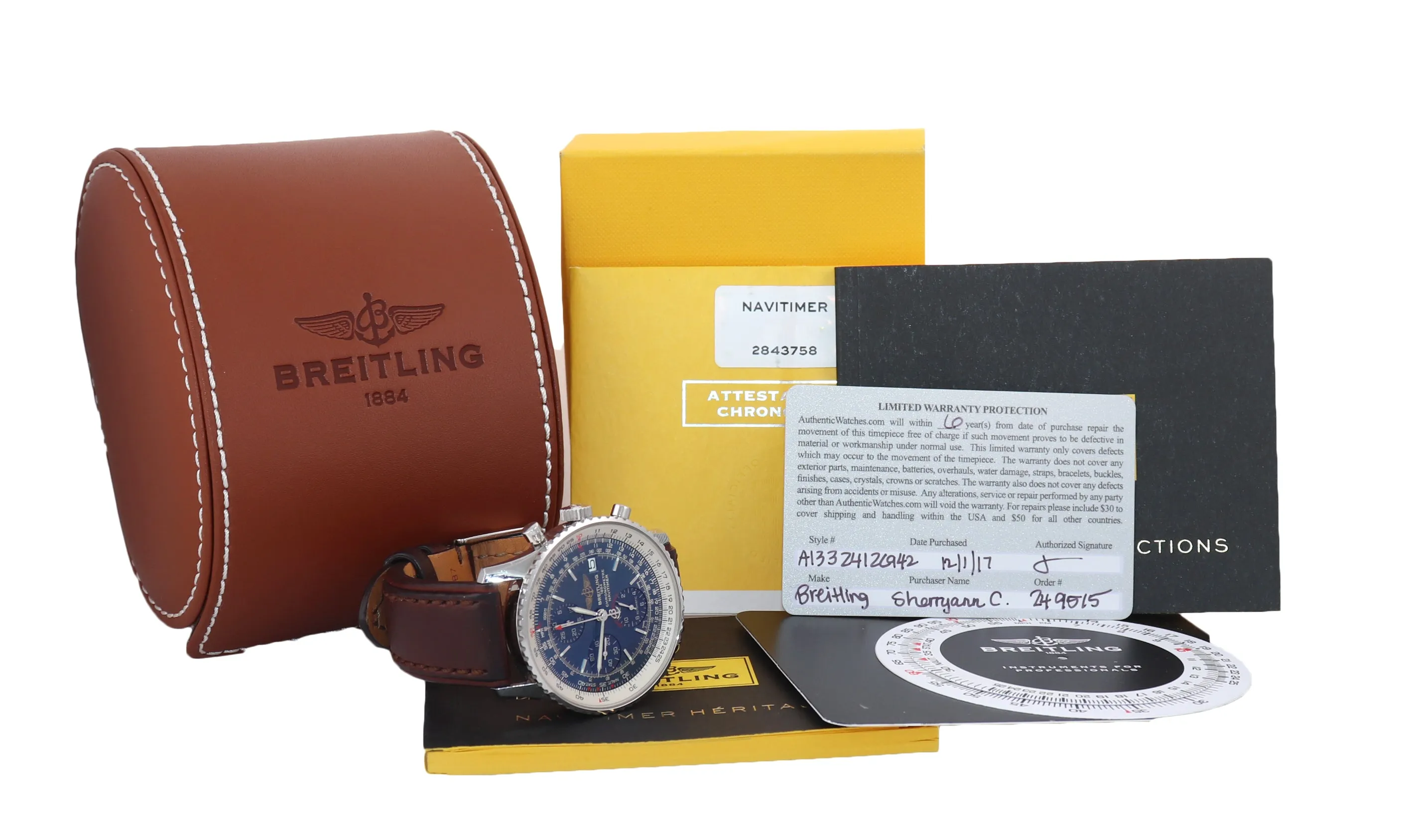 PAPERS Breitling Navitimer Chronograph 42mm Blue Dial Leather A13324 Watch