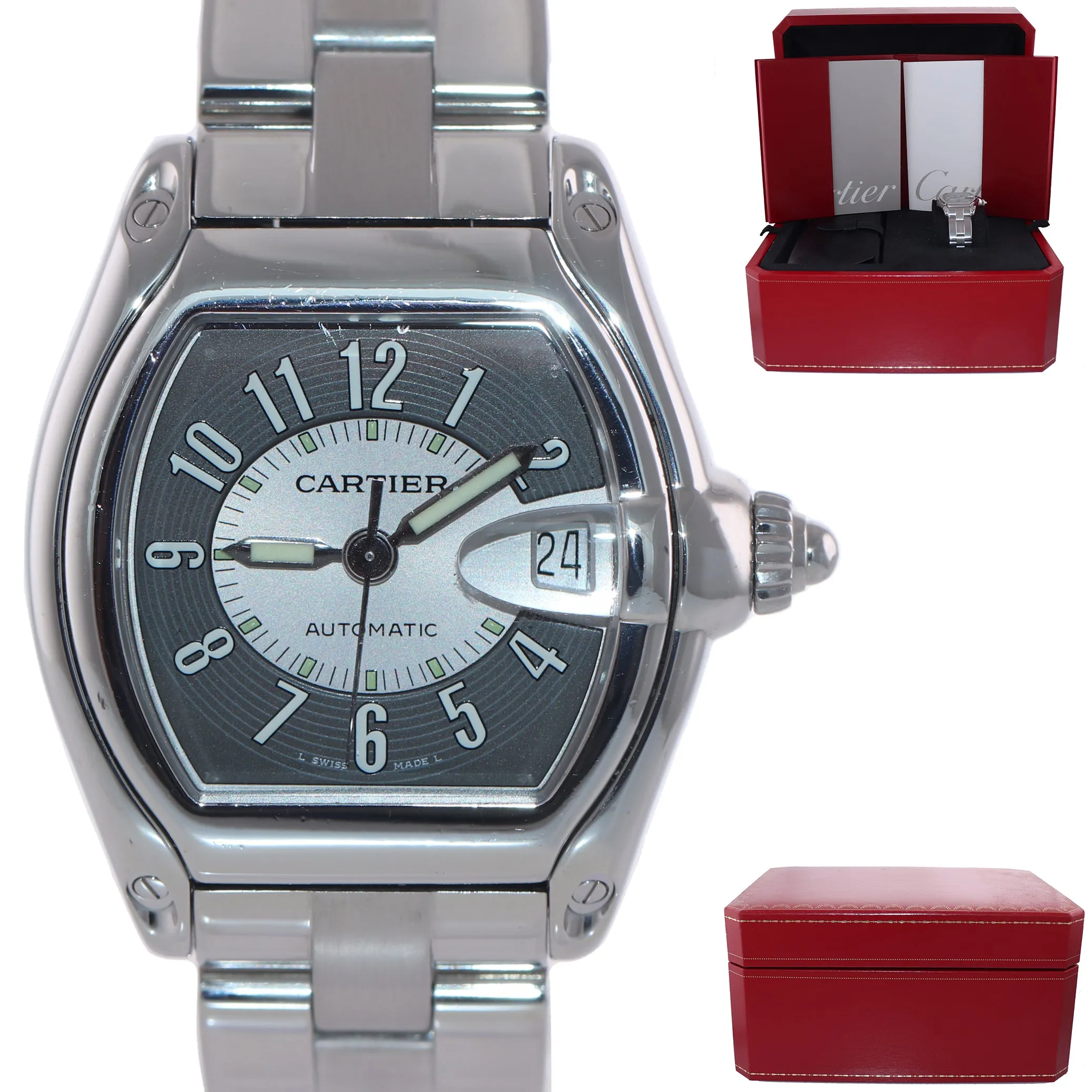 PAPERS MINT Cartier Roadster Automatic Grey Silver W62025V3 Steel Watch 2510
