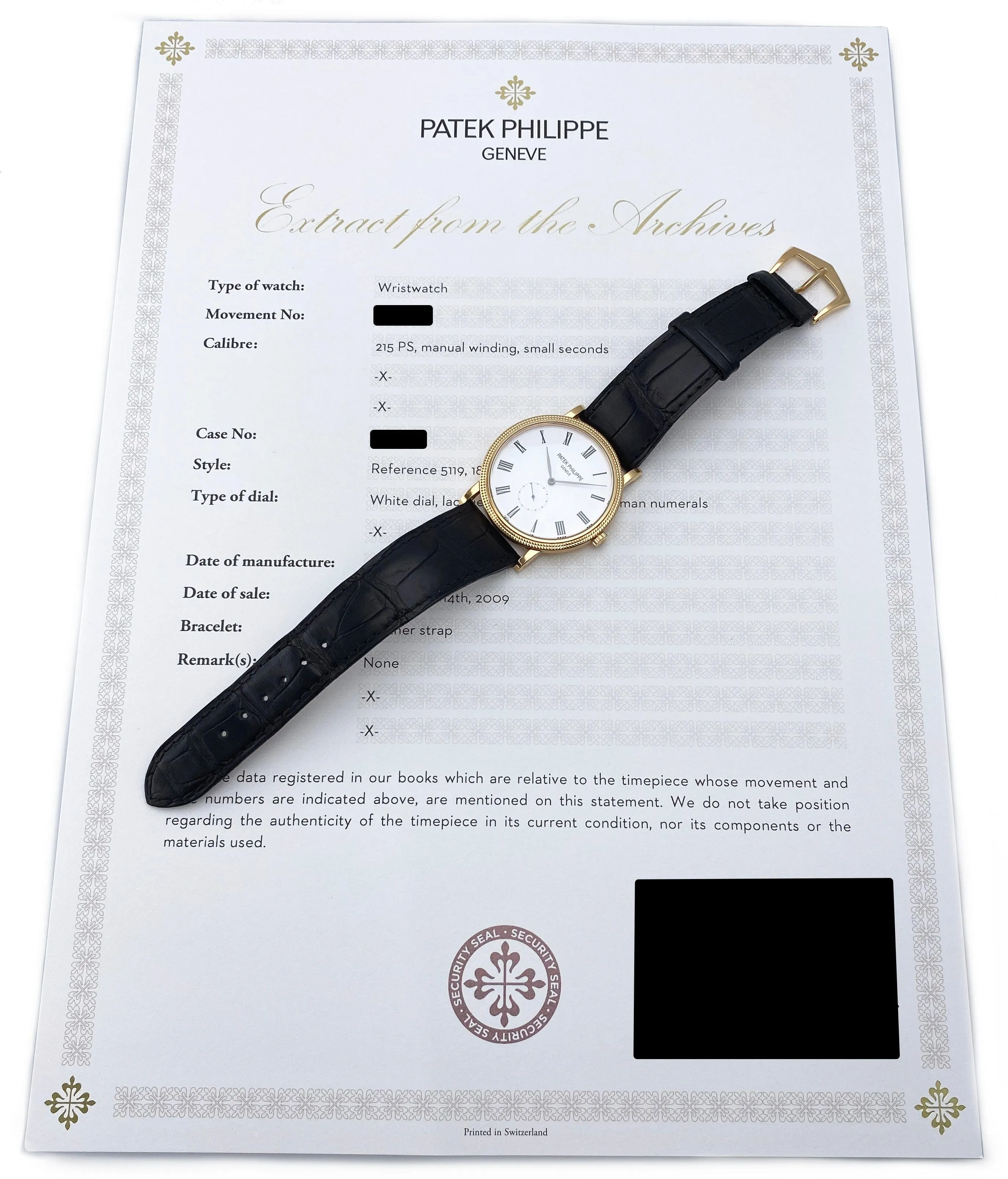 Patek Philippe Calatrava 5119R 18K Rose Gold Mens Watch With Archives