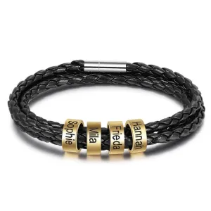 Personalized Multilayer Leather Bracelet - Genuine Black PU Leather Vintage Name Beads Braided Band - Best Gift for Christmas, Birthday, & Anniversary