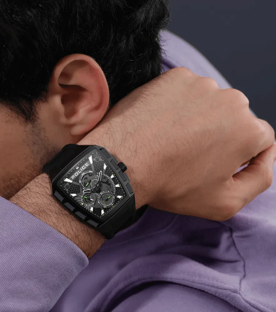 Police Tough Gear Gents Black Dial Black Silicone Starp Watch