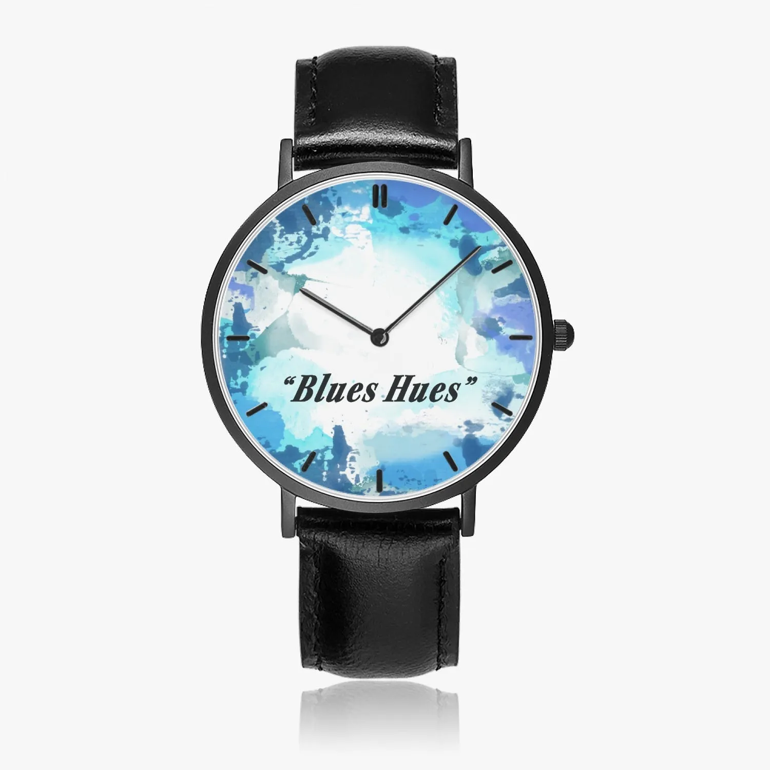 "Blues Hues" : Ultra-Thin Leather Strap Quartz Watch (Black With Indicators)