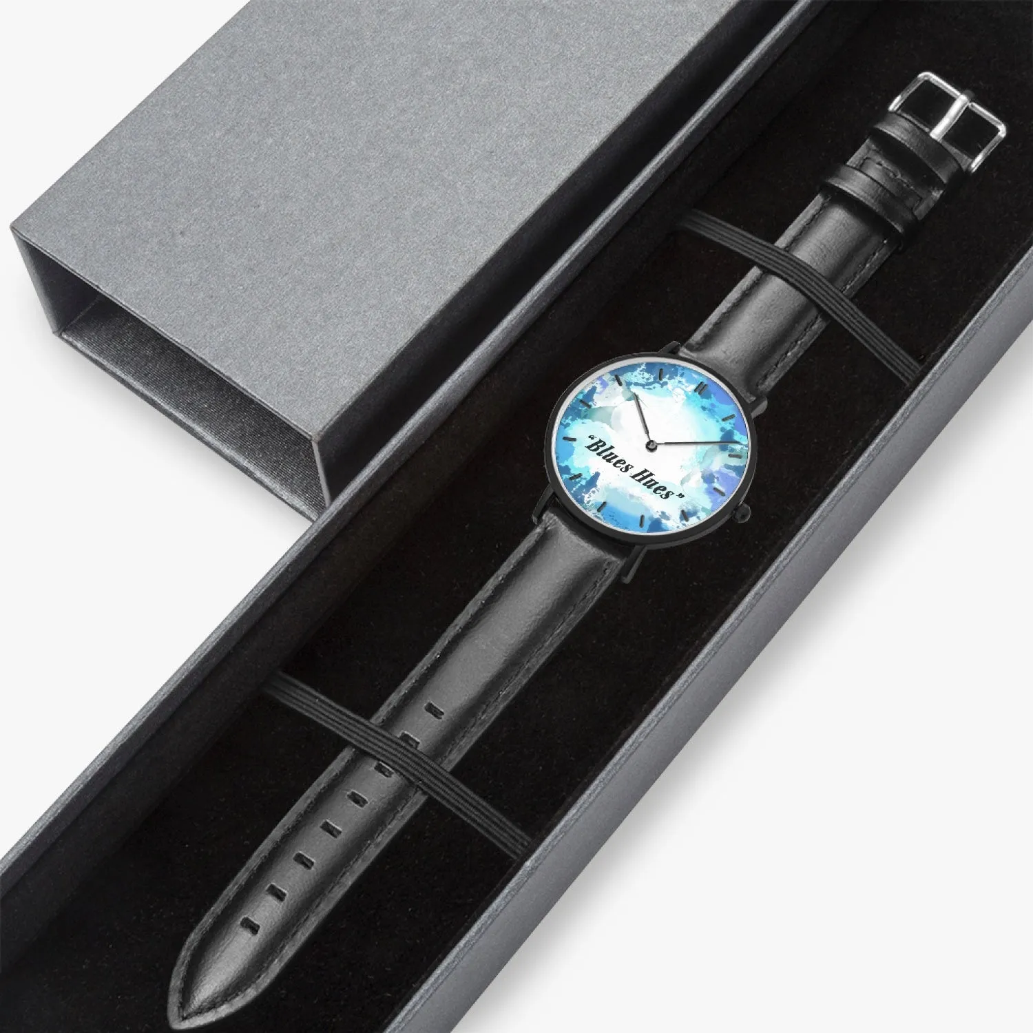 "Blues Hues" : Ultra-Thin Leather Strap Quartz Watch (Black With Indicators)