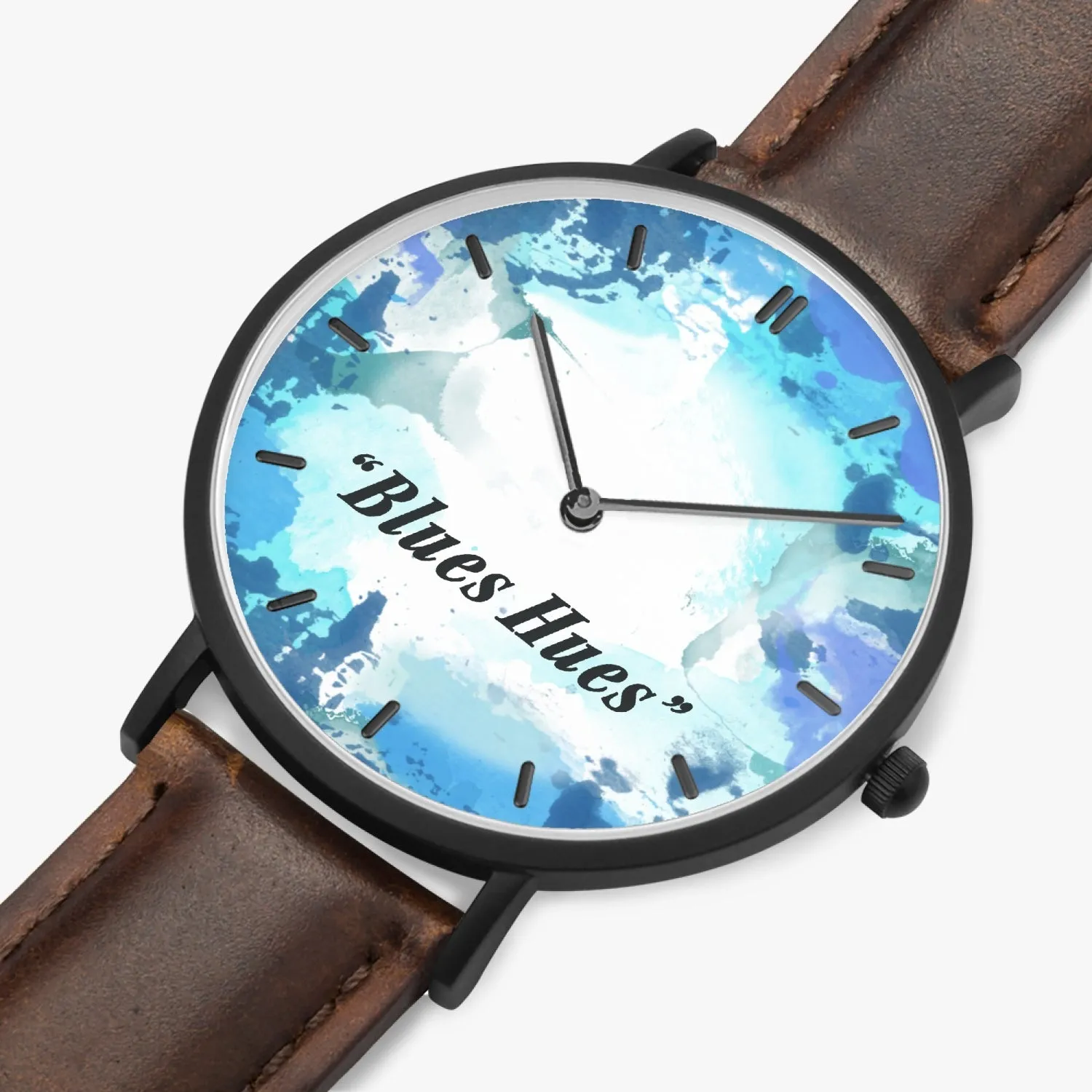 "Blues Hues" : Ultra-Thin Leather Strap Quartz Watch (Black With Indicators)