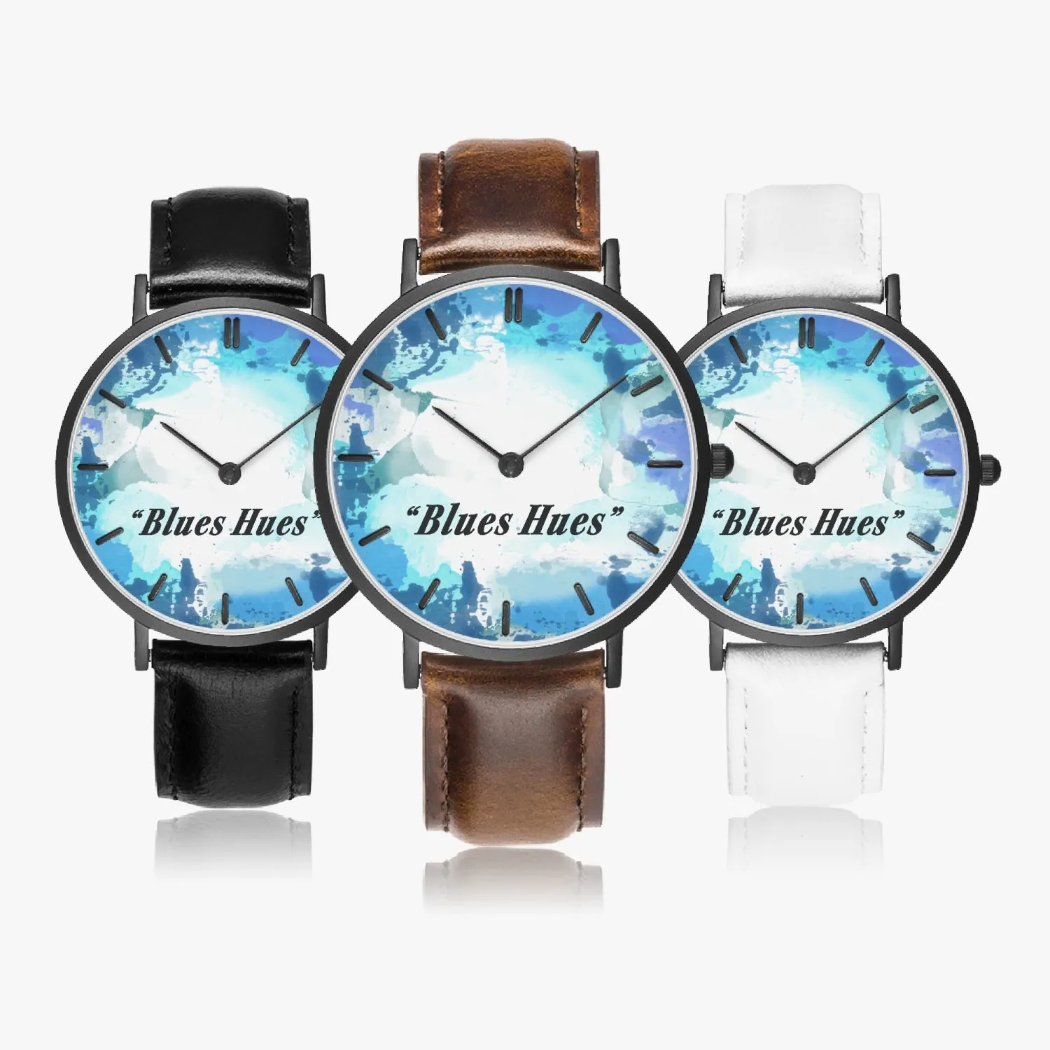 "Blues Hues" : Ultra-Thin Leather Strap Quartz Watch (Black With Indicators)