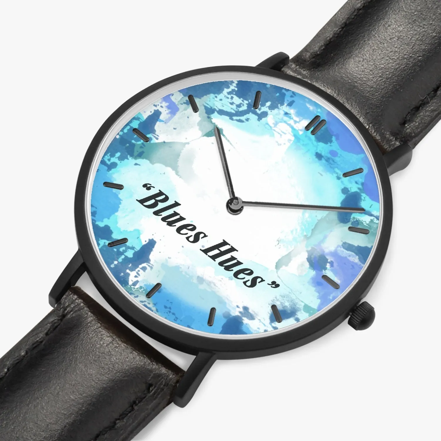 "Blues Hues" : Ultra-Thin Leather Strap Quartz Watch (Black With Indicators)