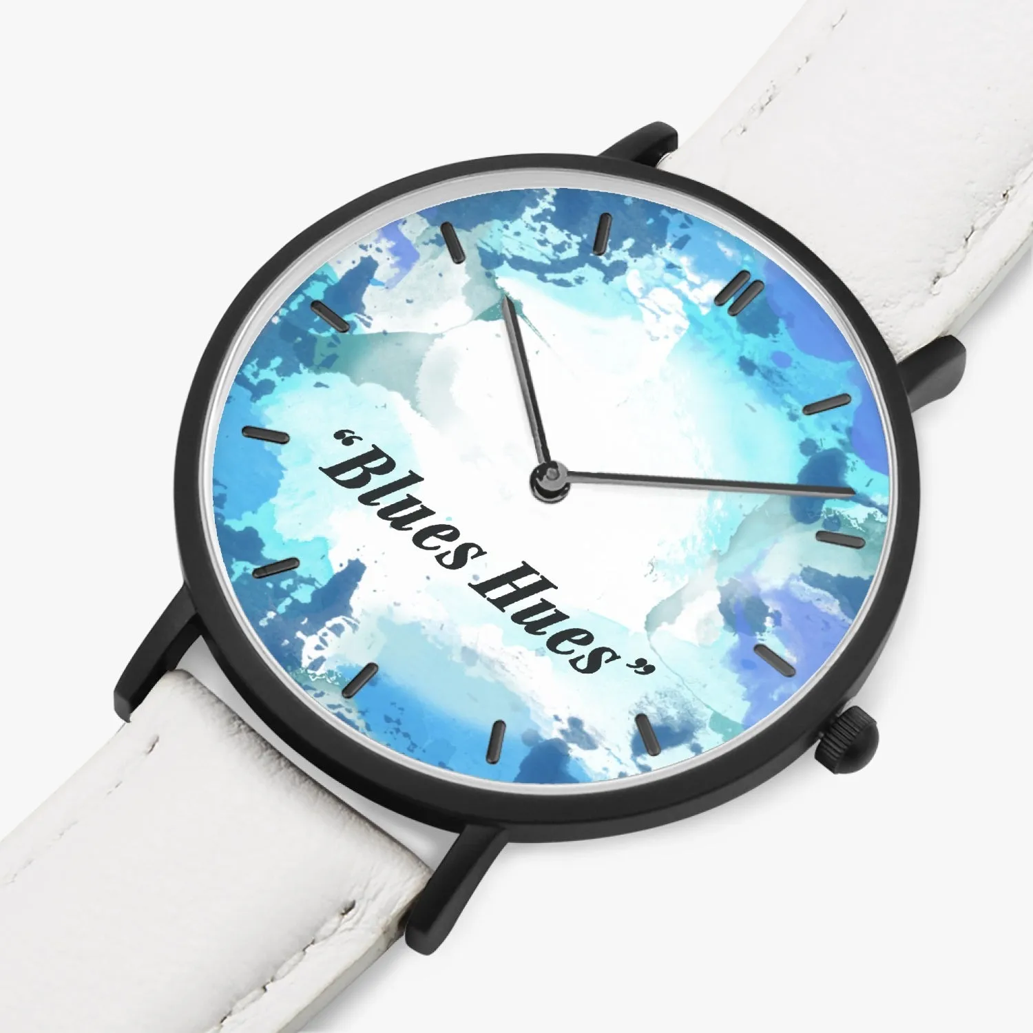 "Blues Hues" : Ultra-Thin Leather Strap Quartz Watch (Black With Indicators)