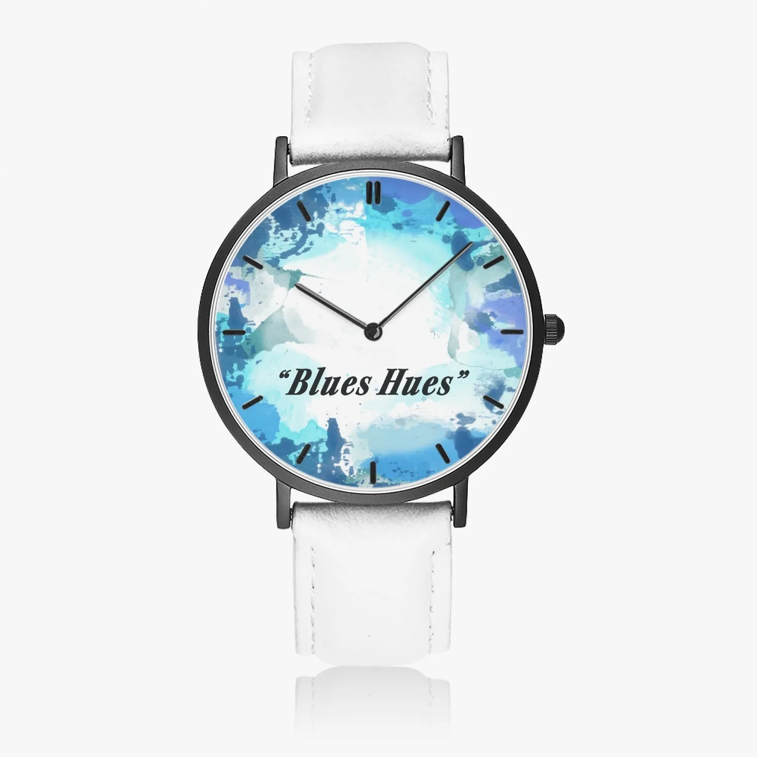 "Blues Hues" : Ultra-Thin Leather Strap Quartz Watch (Black With Indicators)