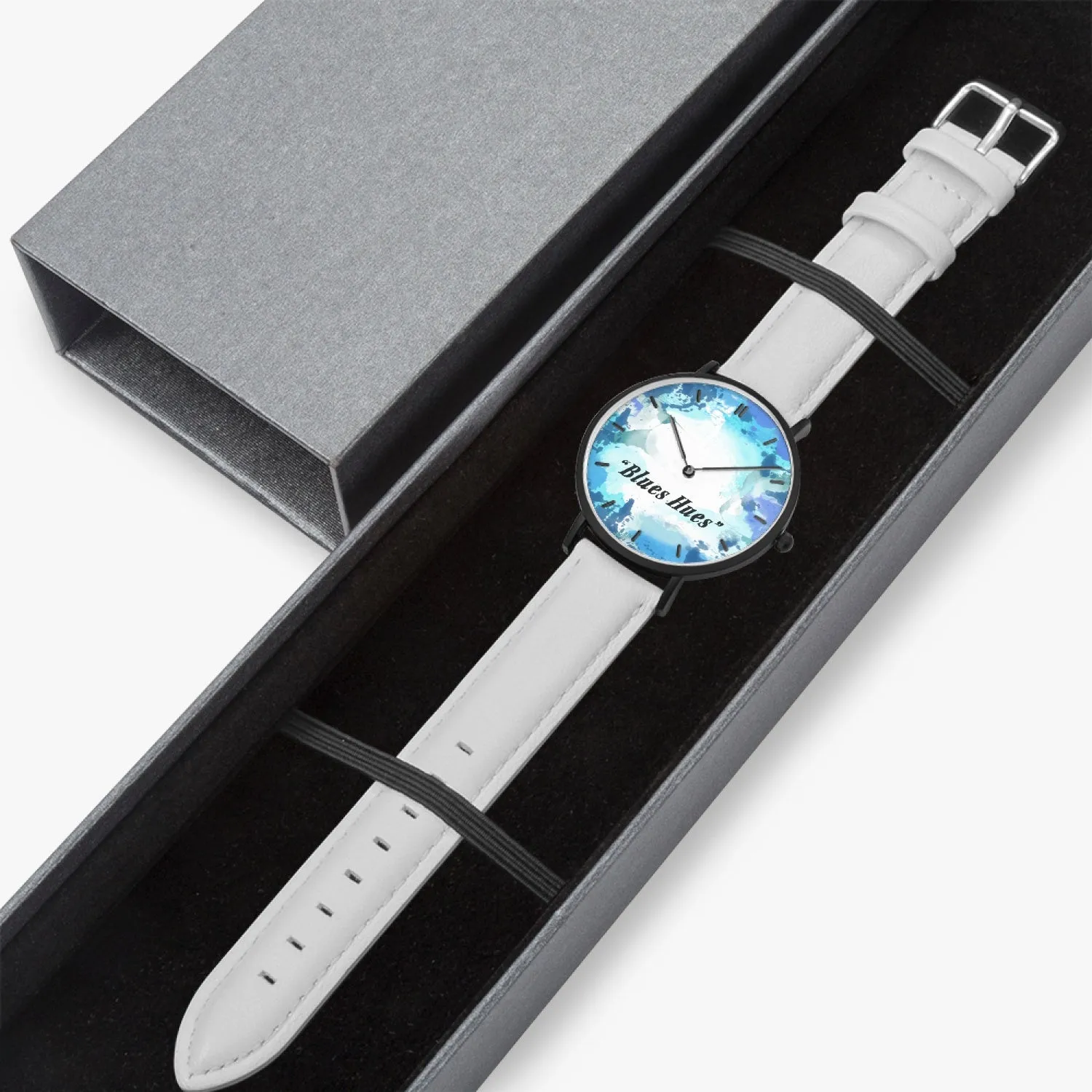 "Blues Hues" : Ultra-Thin Leather Strap Quartz Watch (Black With Indicators)