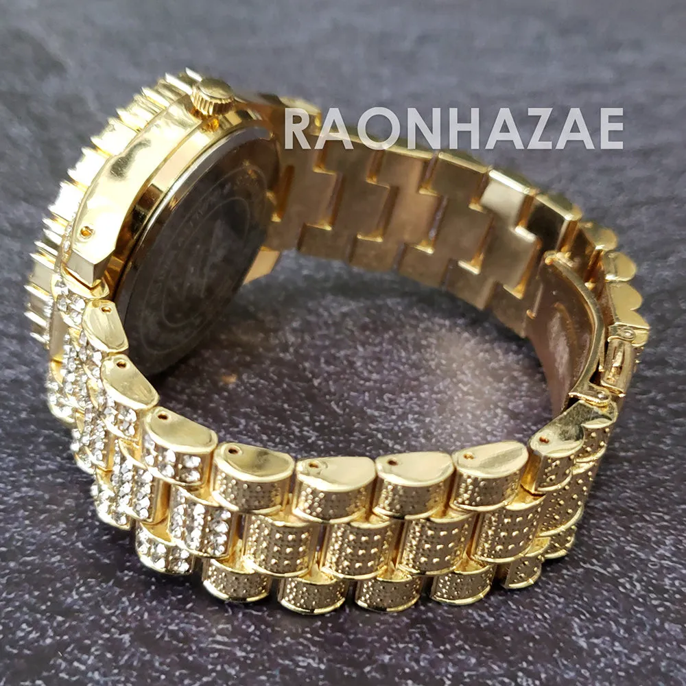 Raonhazae Hip Hop Iced Lab Diamond 14K Gold Plated Black Face Watch with Stone