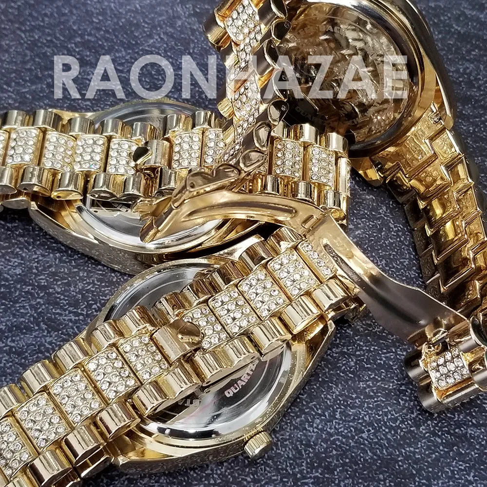 Raonhazae Hip Hop Iced Lab Diamond 14K Gold /Red Plated Watch with Stone