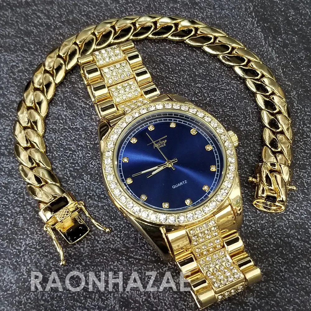 Raonhazae Hip Hop Iced Lab Diamond Blue Face Drake 14K Gold Plated Watch with Miami Cuban Chain Set - GTX001