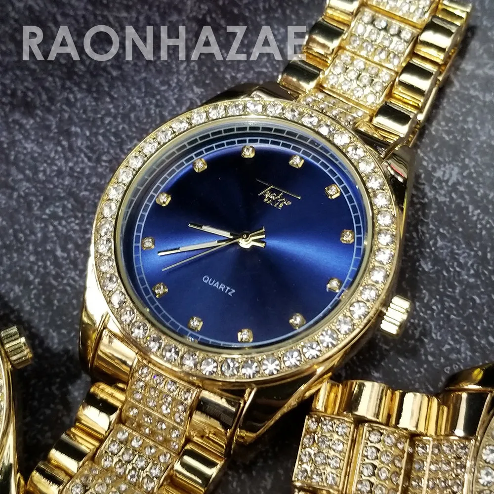 Raonhazae Hip Hop Iced Lab Diamond Blue Face Drake 14K Gold Plated Watch with Miami Cuban Chain Set - GTX001
