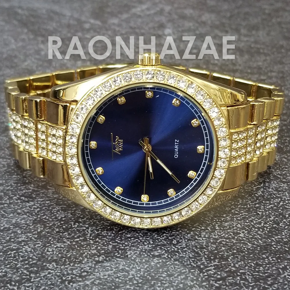 Raonhazae Hip Hop Iced Lab Diamond Blue Face Drake 14K Gold Plated Watch with Miami Cuban Chain Set - GTX001
