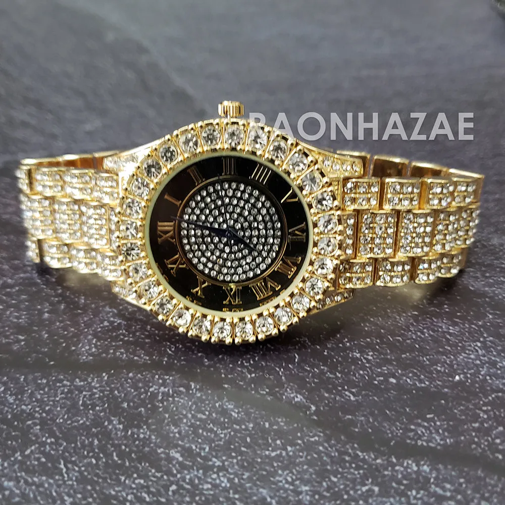 Raonhazae Hip Hop Iced Lab Diamond Drake 14K Gold Plated Watch with 12mm Cuban Link Bracelet Set