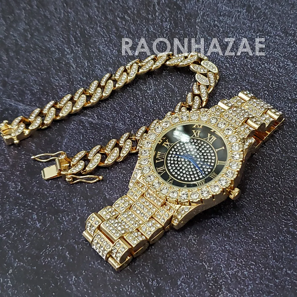 Raonhazae Hip Hop Iced Lab Diamond Drake 14K Gold Plated Watch with 12mm Cuban Link Bracelet Set