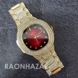 Raonhazae Hip Hop Iced Lab Diamond Drizzy Drake Red Face 14K Gold Plated Watch with 12mm Cuban Link Bracelet Set