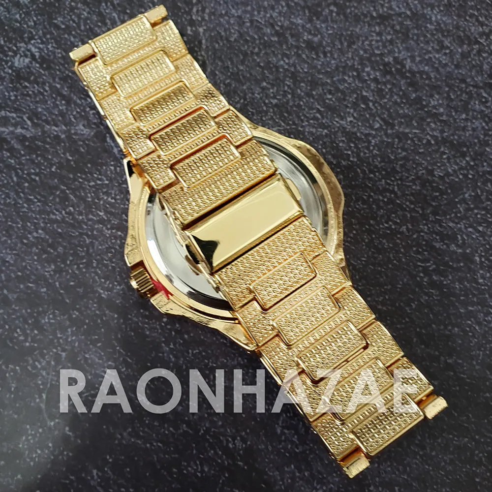 Raonhazae Hip Hop Iced Lab Diamond Drizzy Drake Red Face 14K Gold Plated Watch with 12mm Cuban Link Bracelet Set