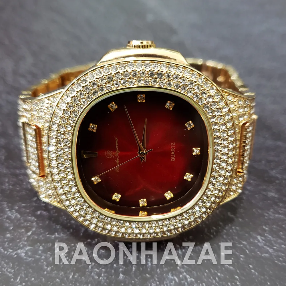Raonhazae Hip Hop Iced Lab Diamond Drizzy Drake Red Face 14K Gold Plated Watch with 12mm Cuban Link Bracelet Set