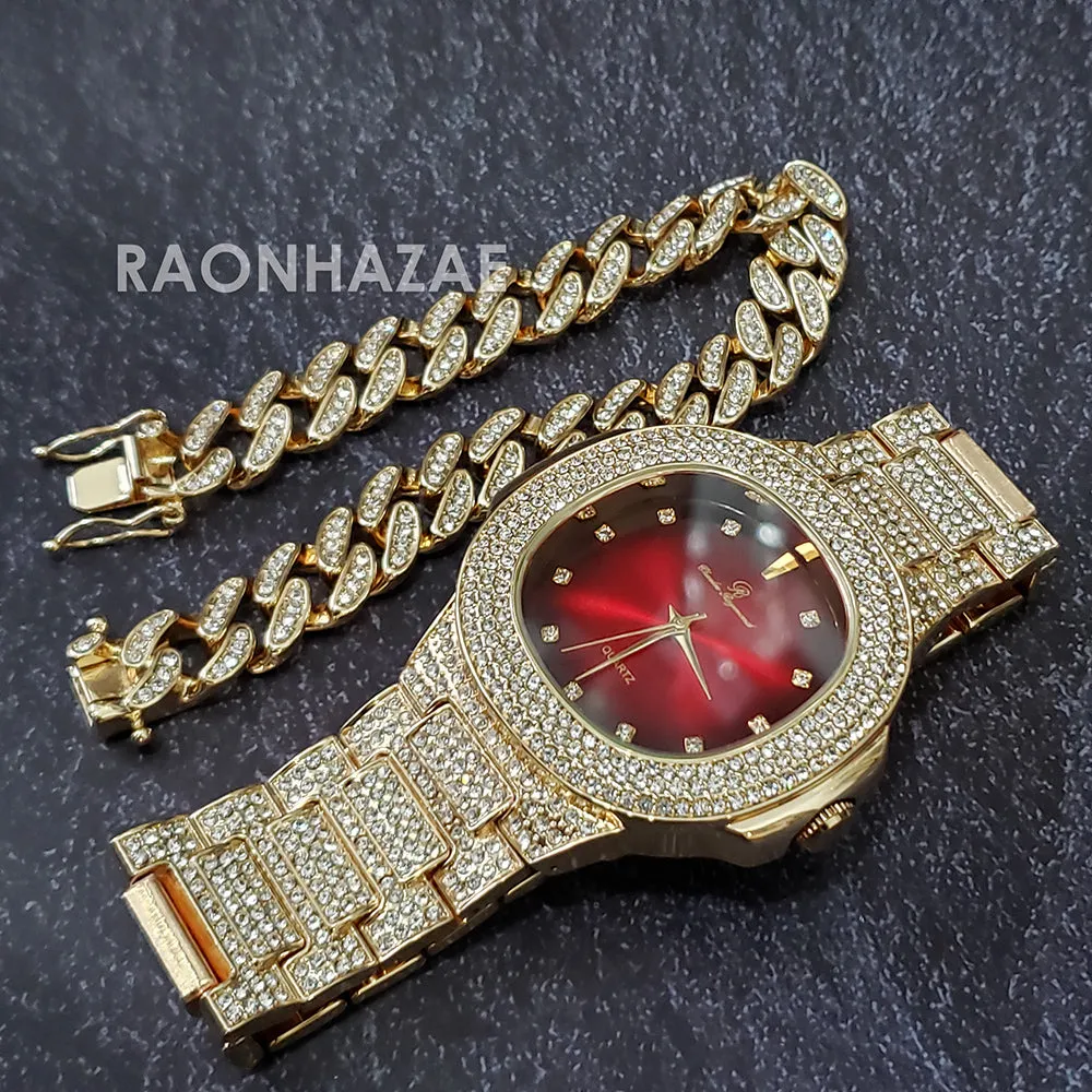Raonhazae Hip Hop Iced Lab Diamond Drizzy Drake Red Face 14K Gold Plated Watch with 12mm Cuban Link Bracelet Set