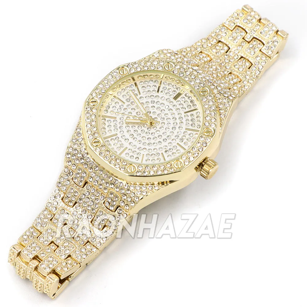 Raonhazae Hip Hop Iced Lab Diamond Watch w/ 15mm Cuban Link Bracelet Set