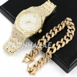 Raonhazae Hip Hop Iced Lab Diamond Watch w/ 15mm Cuban Link Bracelet Set