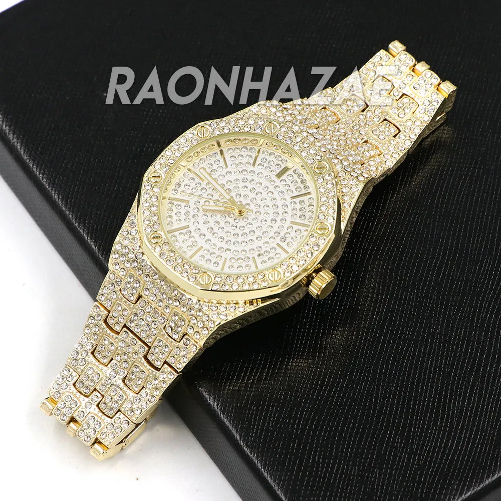 Raonhazae Hip Hop Iced Lab Diamond Watch w/ 15mm Cuban Link Bracelet Set