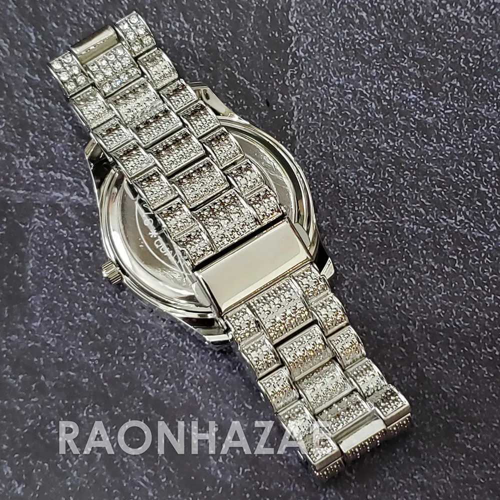 Raonhazae Silver Hip Hop Iced Lab Diamond Drizzy Drake 14K White Gold Plated Watch with 12mm Cuban Link Bracelet Set