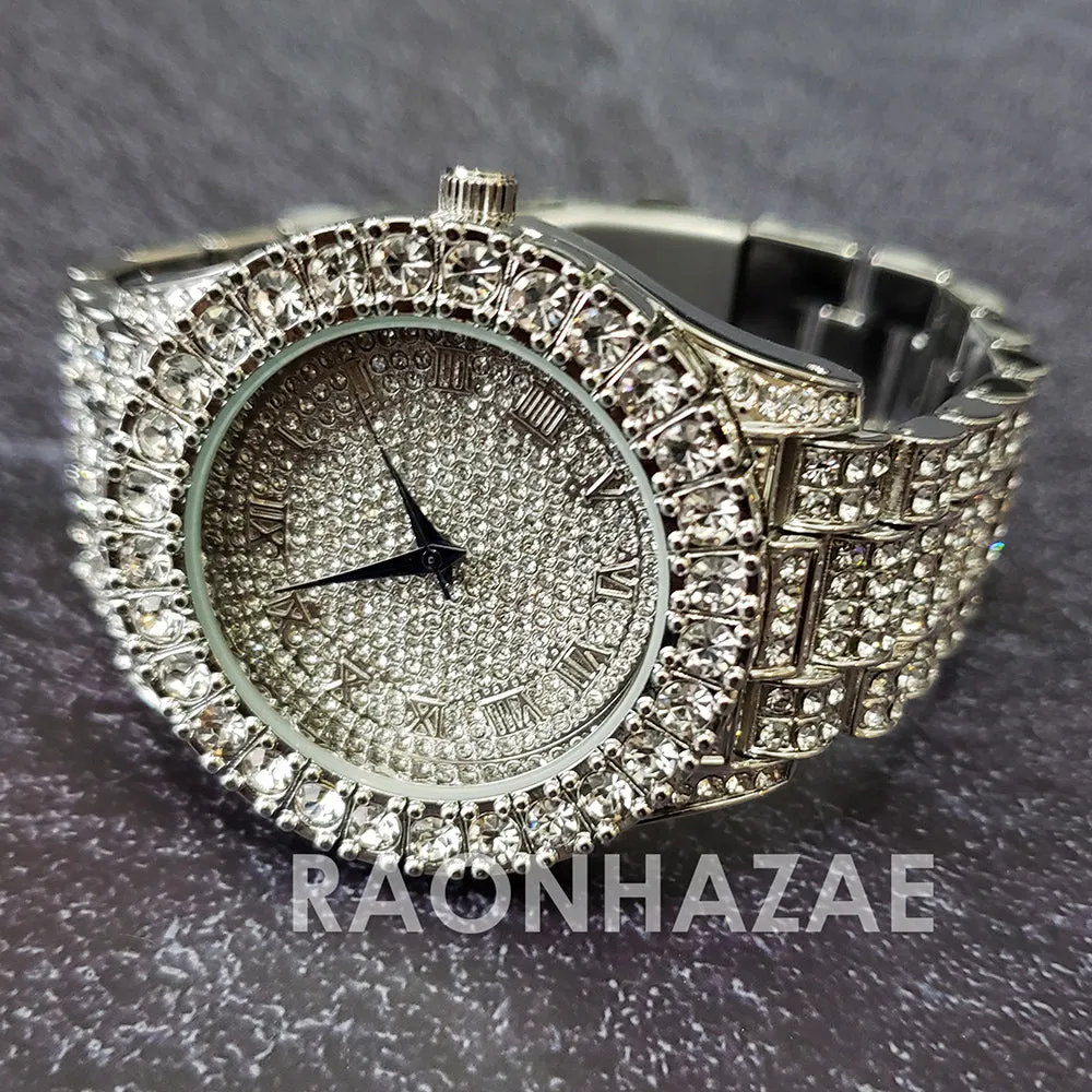 Raonhazae Silver Hip Hop Iced Lab Diamond Drizzy Drake 14K White Gold Plated Watch with 12mm Cuban Link Bracelet Set