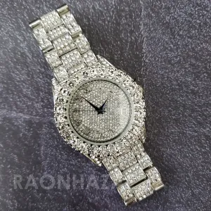 Raonhazae Silver Hip Hop Iced Lab Diamond Drizzy Drake 14K White Gold Plated Watch with 12mm Cuban Link Bracelet Set