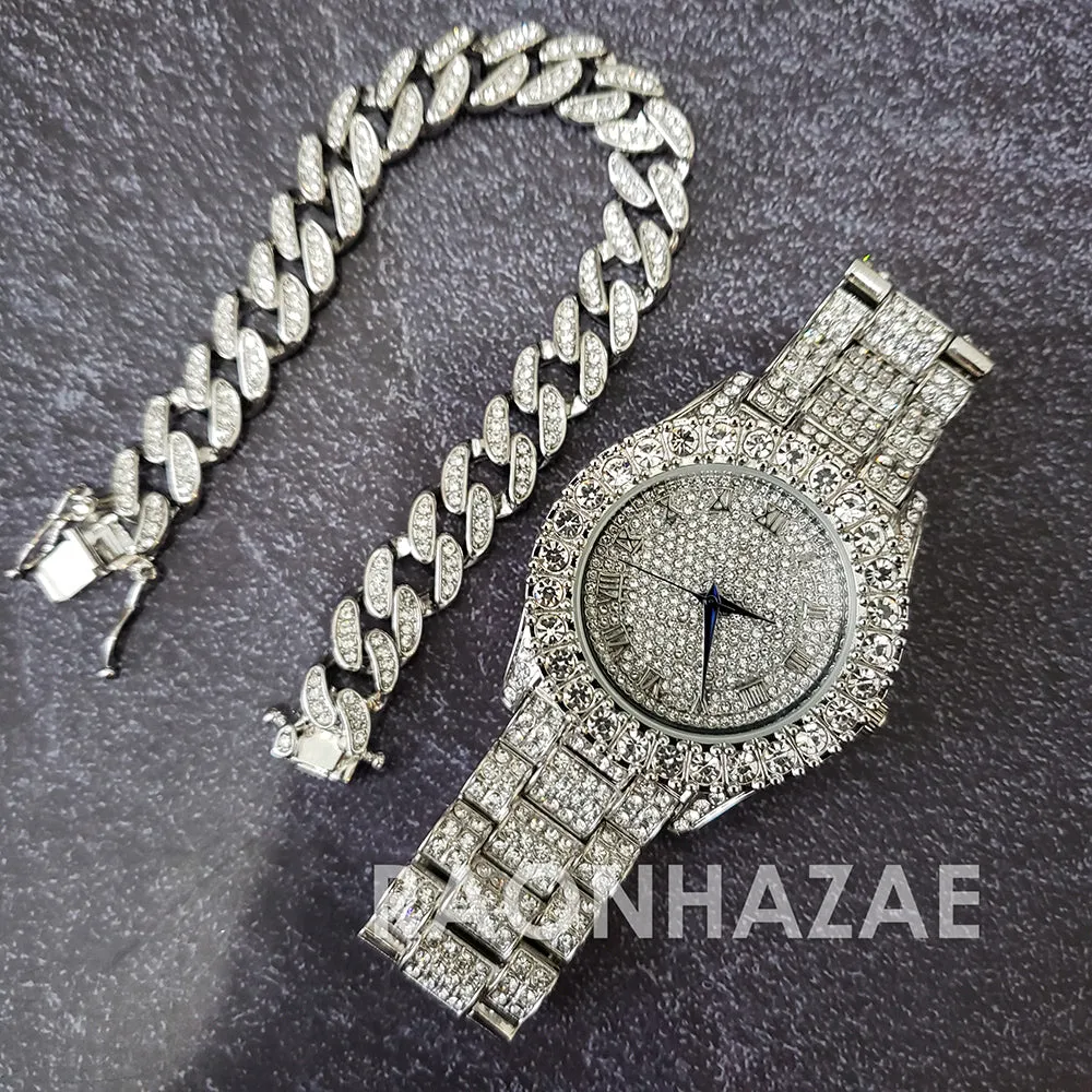 Raonhazae Silver Hip Hop Iced Lab Diamond Drizzy Drake 14K White Gold Plated Watch with 12mm Cuban Link Bracelet Set