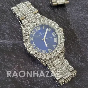 Raonhazae Silver Hip Hop Iced Lab Diamond Meek Mill Drake Blue Face 14K White Gold Plated Watch with 12mm Cuban Link Bracelet Set