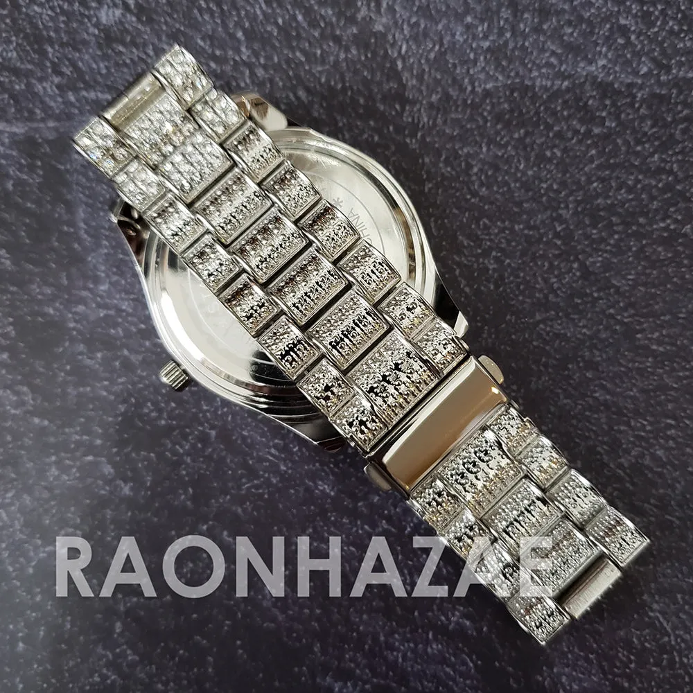 Raonhazae Silver Hip Hop Iced Lab Diamond Meek Mill Drake Blue Face 14K White Gold Plated Watch with 12mm Cuban Link Bracelet Set