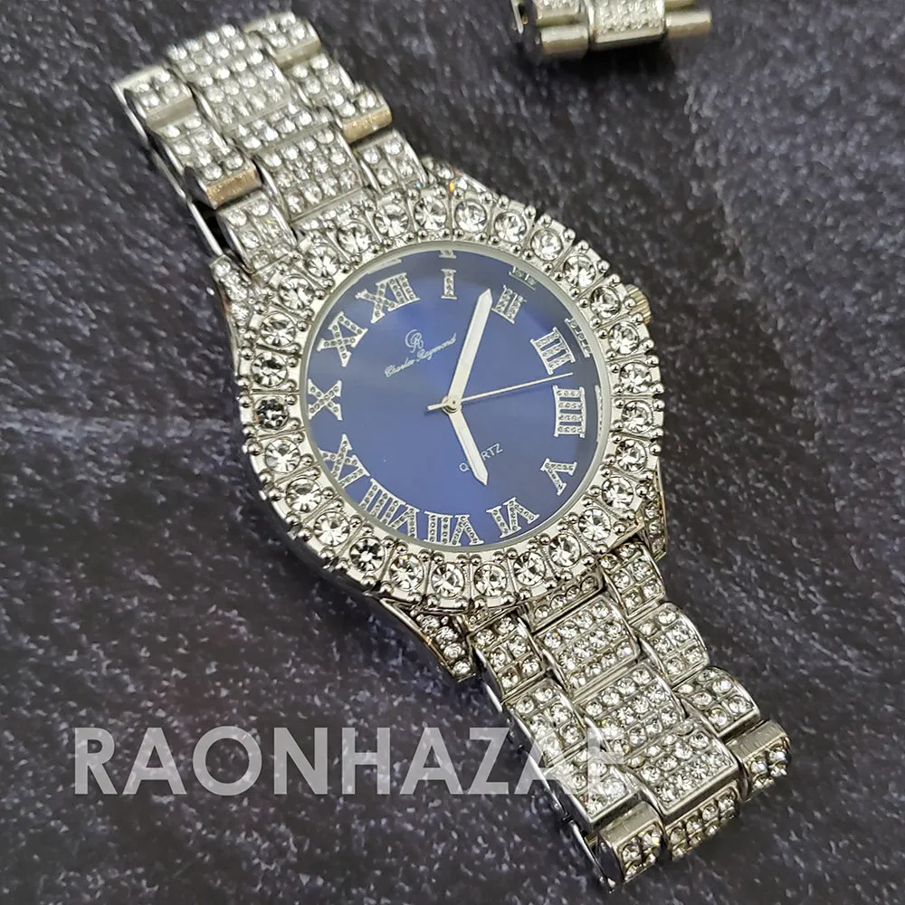 Raonhazae Silver Hip Hop Iced Lab Diamond Meek Mill Drake Blue Face 14K White Gold Plated Watch with 12mm Cuban Link Bracelet Set