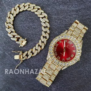 Raonhazae Silver Hip Hop Iced Lab Diamond Meek Mill Drake Blue / Red / Green Face 14K Gold Plated Watch with 12mm Cuban Link Bracelet Set