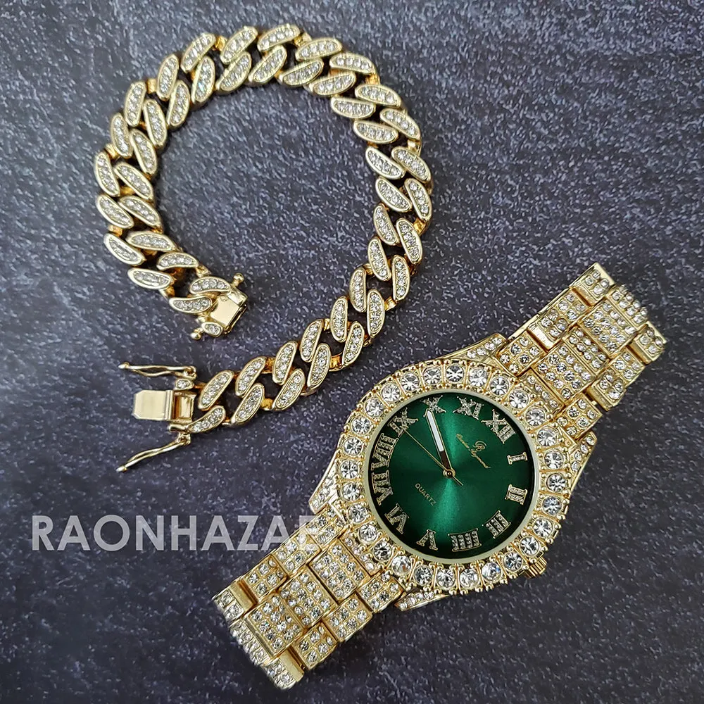Raonhazae Silver Hip Hop Iced Lab Diamond Meek Mill Drake Blue / Red / Green Face 14K Gold Plated Watch with 12mm Cuban Link Bracelet Set