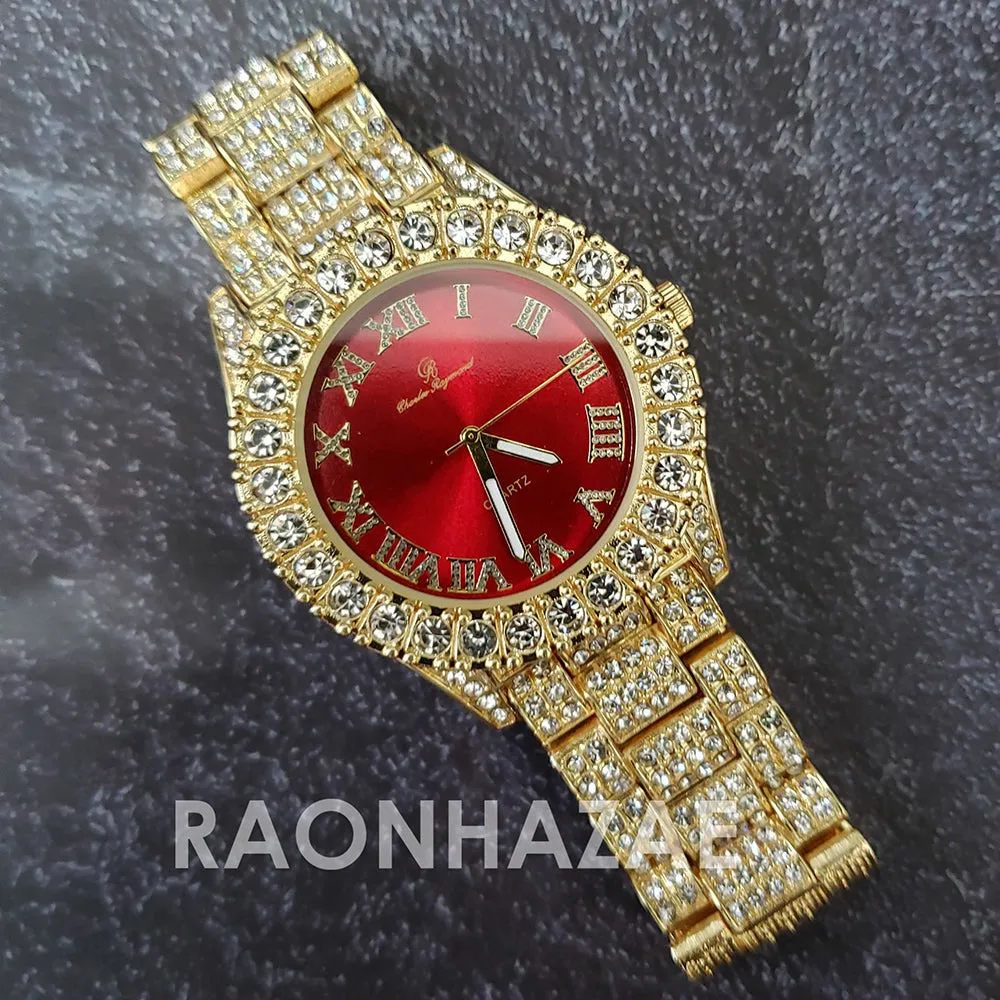 Raonhazae Silver Hip Hop Iced Lab Diamond Meek Mill Drake Blue / Red / Green Face 14K Gold Plated Watch with 12mm Cuban Link Bracelet Set