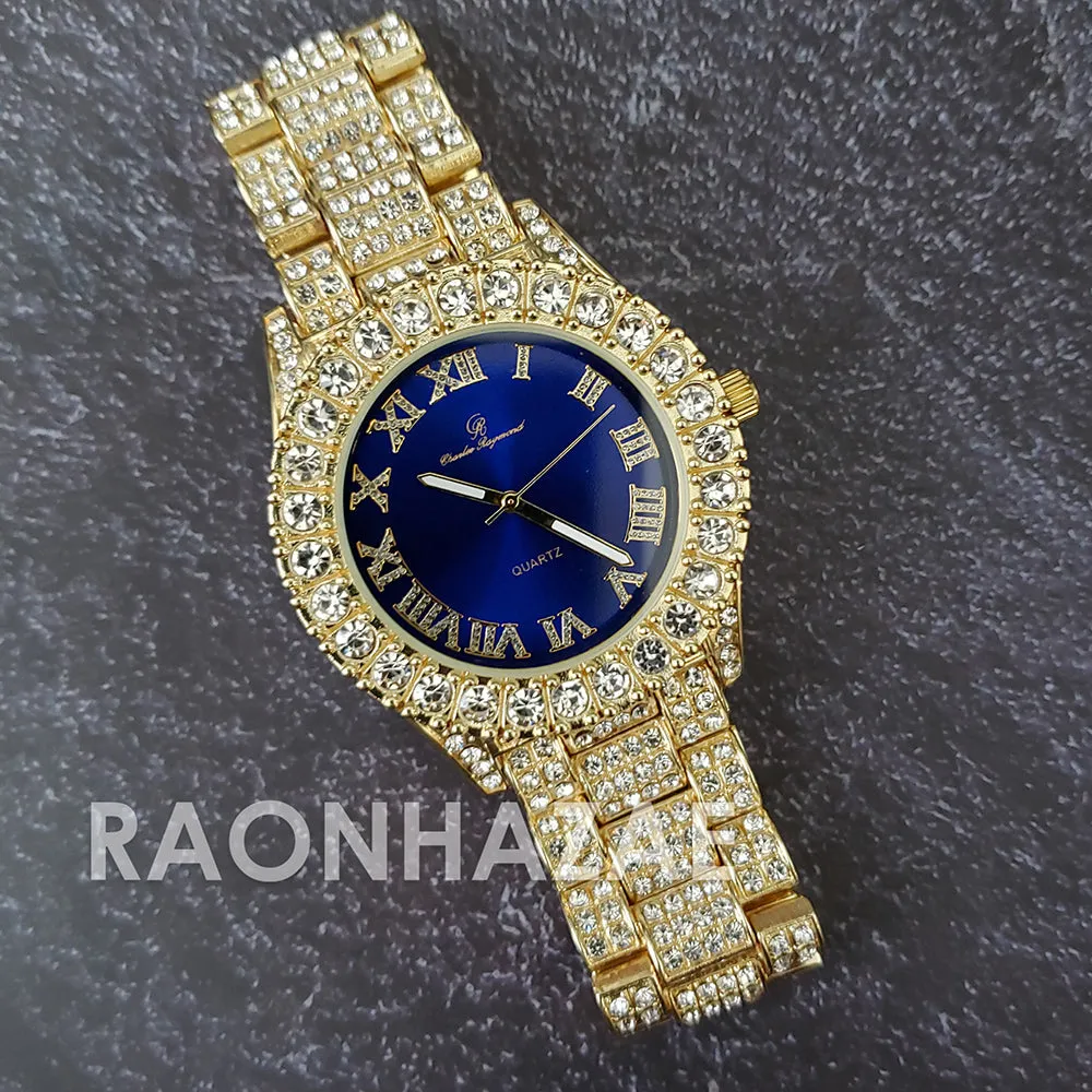 Raonhazae Silver Hip Hop Iced Lab Diamond Meek Mill Drake Blue / Red / Green Face 14K Gold Plated Watch with 12mm Cuban Link Bracelet Set