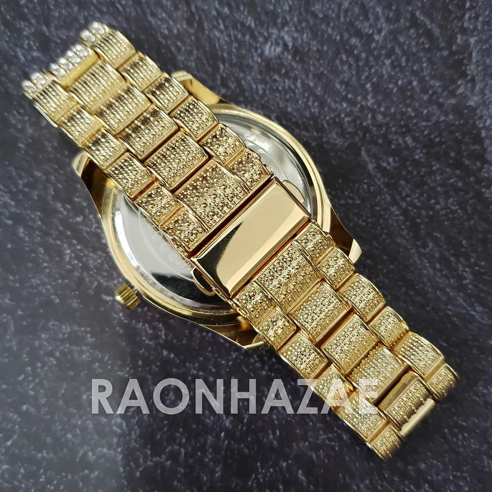 Raonhazae Silver Hip Hop Iced Lab Diamond Meek Mill Drake Blue / Red / Green Face 14K Gold Plated Watch with 12mm Cuban Link Bracelet Set
