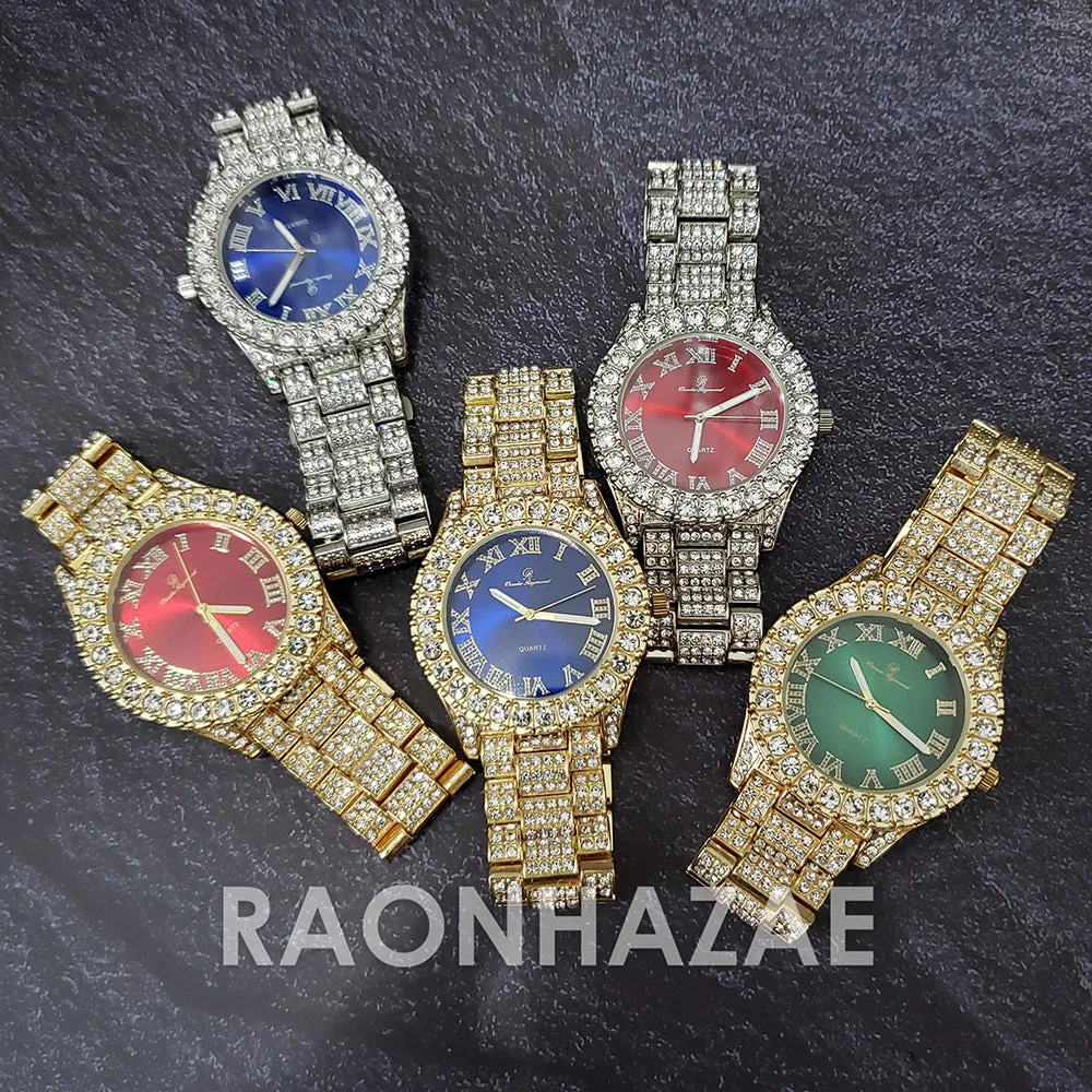Raonhazae Silver Hip Hop Iced Lab Diamond Meek Mill Drake Blue / Red / Green Face 14K Gold Plated Watch with 12mm Cuban Link Bracelet Set