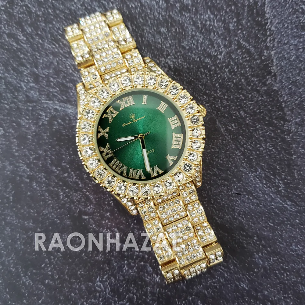 Raonhazae Silver Hip Hop Iced Lab Diamond Meek Mill Drake Blue / Red / Green Face 14K Gold Plated Watch with 12mm Cuban Link Bracelet Set