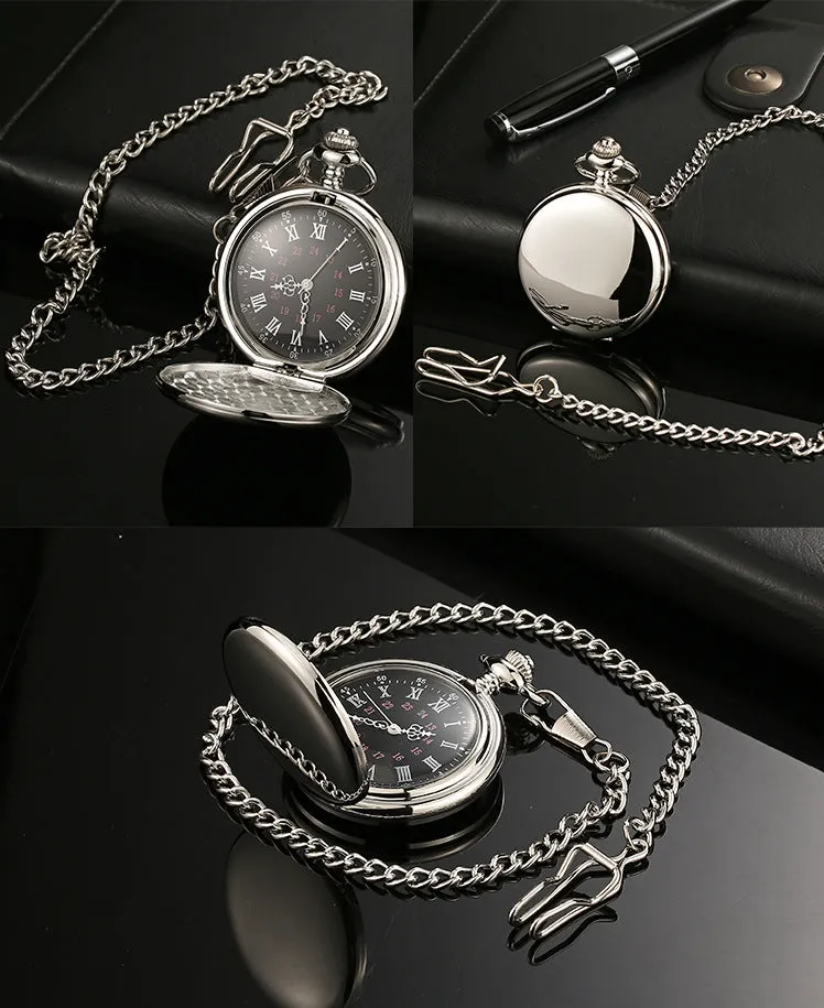 Retro Smooth Men Black Pocket Watch Silver Polish Quartz Fob Pocket Watches Pendant with Chain