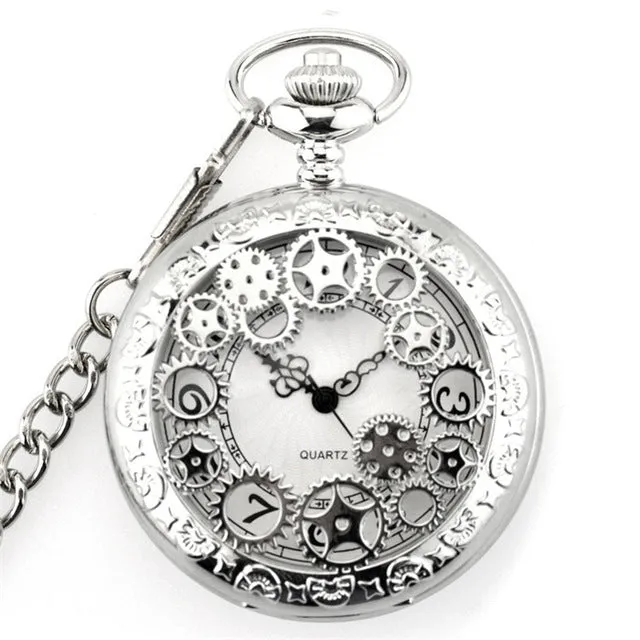 Retro Smooth Men Black Pocket Watch Silver Polish Quartz Fob Pocket Watches Pendant with Chain
