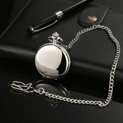 Retro Smooth Men Black Pocket Watch Silver Polish Quartz Fob Pocket Watches Pendant with Chain