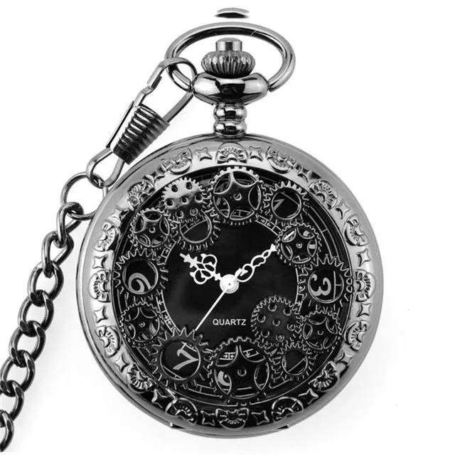 Retro Smooth Men Black Pocket Watch Silver Polish Quartz Fob Pocket Watches Pendant with Chain