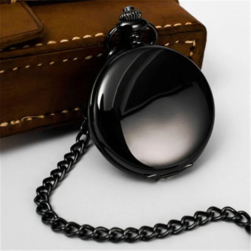 Retro Smooth Men Black Pocket Watch Silver Polish Quartz Fob Pocket Watches Pendant with Chain