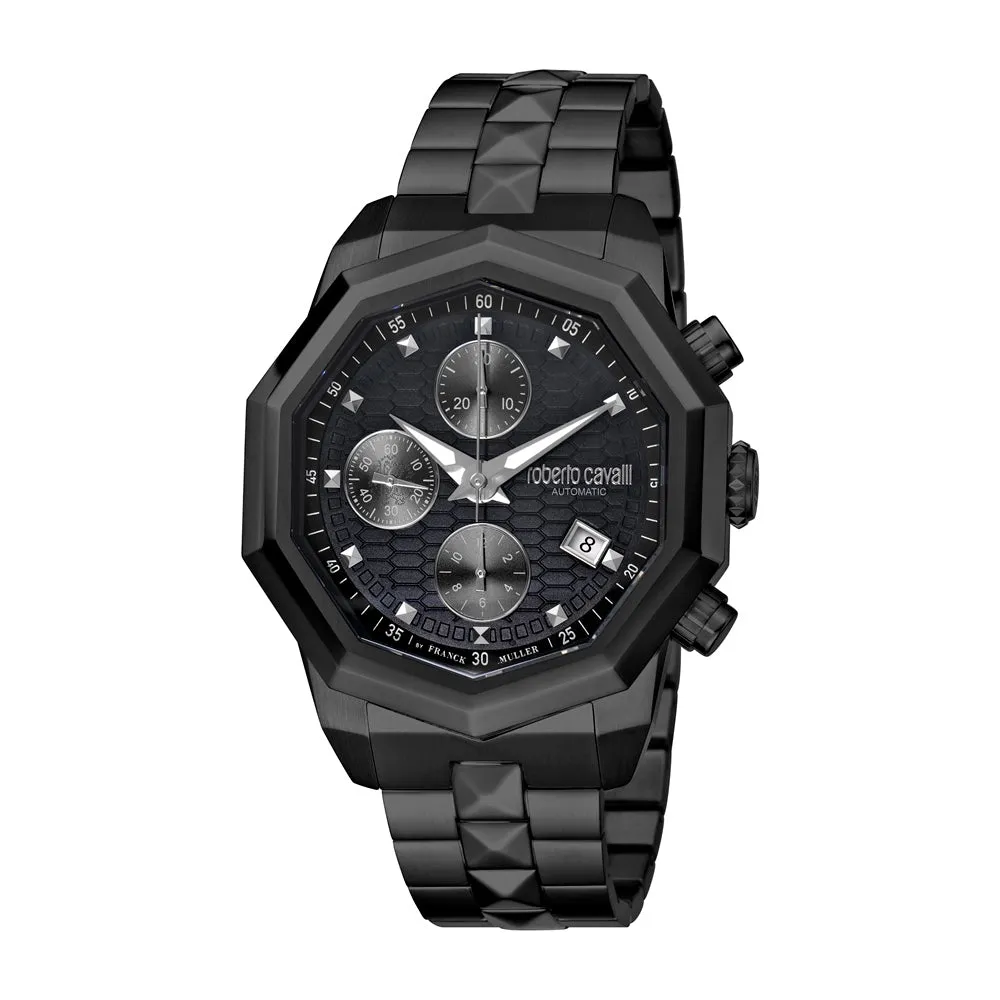 Roberto Cavalli Men's Automatic Watch Black Metal Bracelet & Case With Black Silver Dial