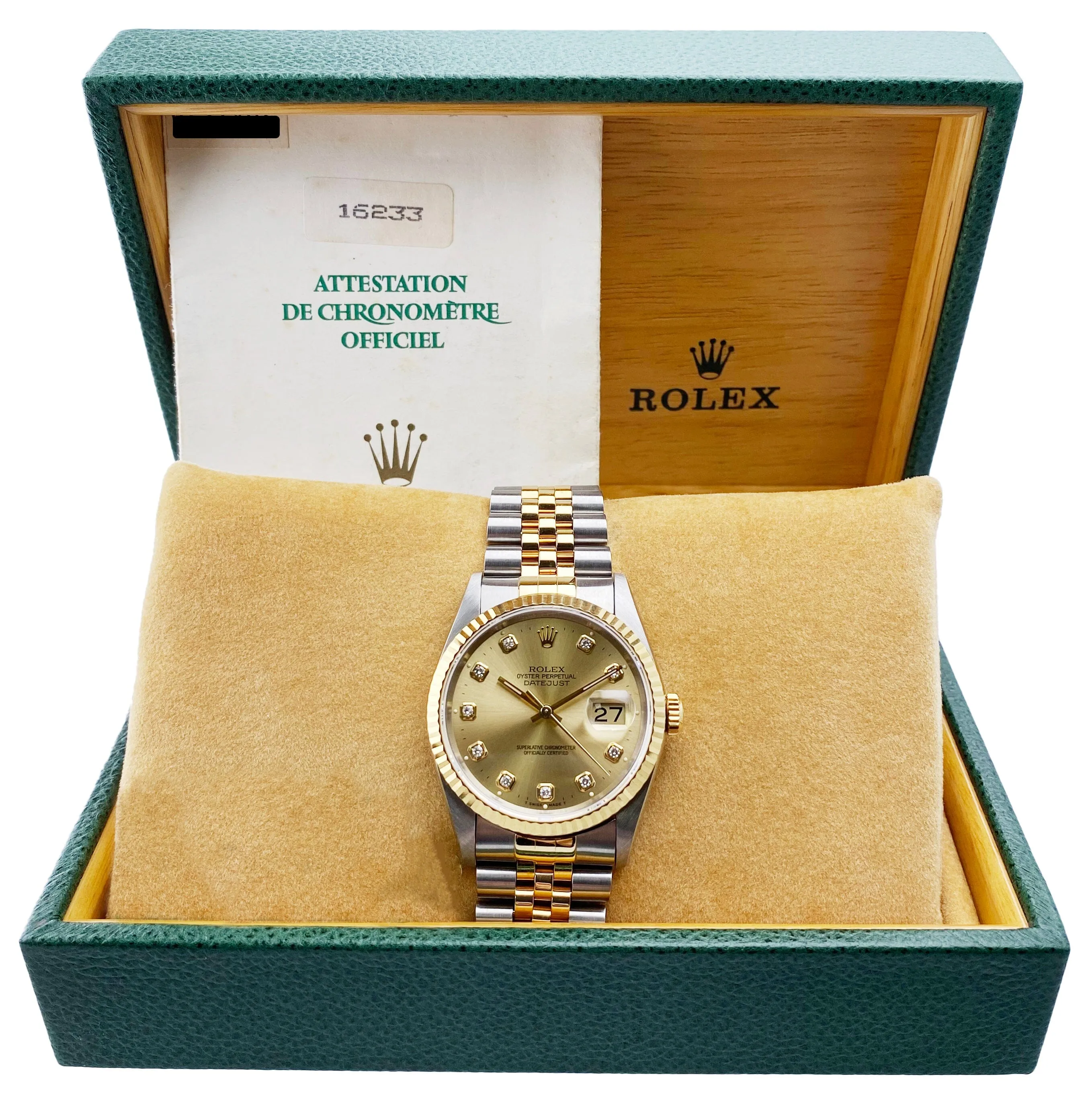 Rolex Datejust 16233 Diamond Dial Mens Watch Box Papers